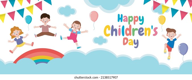 Happy children's day banner Template background, kids jumping and dancing and playing together, advertising brochure, your text, flat Funny cartoon isolated vector Illustration