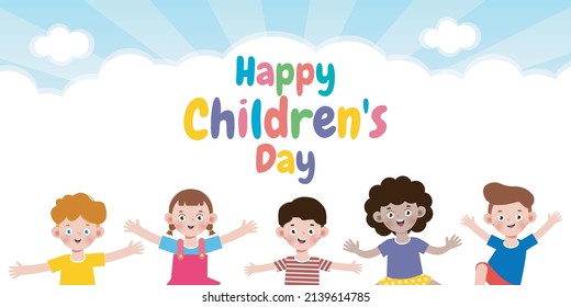 Happy children's day banner Template background, kids jumping and dancing and playing together, advertising brochure, your text, flat Funny cartoon isolated vector Illustration