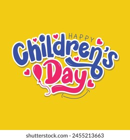 Feliz Día del Niño hermoso diseño de letras con corazones y globos de Arte vectorial sobre fondo amarillo. Logotipo de efecto de texto para niños. Texto del título y cita para la tarjeta de felicitación del día del niño.