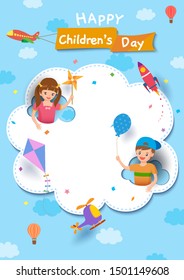 Happy Children's Day with boy and girl playing on cloud with vehicle toys on sky background.