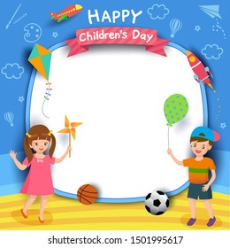 Happy Children's Day with boy and girl playing on blue background.