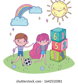 happy childrens day, boy and girl with soccer ball and numbers blocks park vector illustration