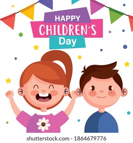 Happy childrens day with boy and girl cartoons design, International celebration theme Vector illustration