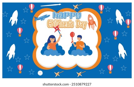 Happy Children's Day with boy and girl playing with toys on background. flat vector modern illustration 