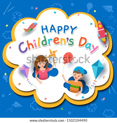 Happy Children's Day with boy and girl playing with toys on background.