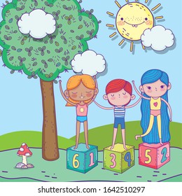 happy childrens day, boy and girls on blocks park vector illustration