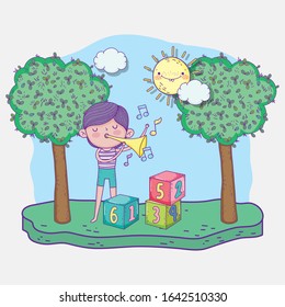 happy childrens day, boy playing with musical trumpet in park vector illustration