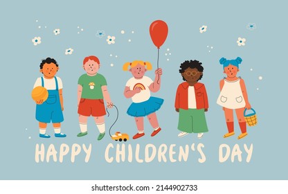 Happy Children's Day. Boys and girls with toys in their hands. Design for a greeting card. Vector.
