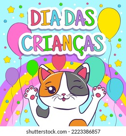 Happy Children's Day in Brazil. Rainbow vector banner with a cute cat.