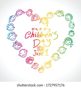 Feliz Día del Niño. Brillante corazón de niños sonrientes. Ilustración del Día Internacional del Niño en las vacaciones de Doodle. El logo está dibujado con un marcador. Esbozo de estilo Art Infantil. Logo del vector