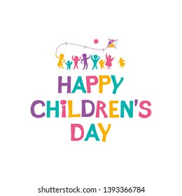 Happy Children's Day. Bright multicolored flat design of social logo. Colorful silhouettes of joyful playing kids illustration to the International Children's Day. Vector inscription and funny kids.
