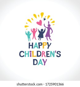 Feliz Día del Niño. Diseño plano multicolor brillante de logotipo social. Silhouettes coloridas de alegres ilustraciones infantiles de juego al Día Internacional del Niño. Inscripción de vectores y niños graciosos.
