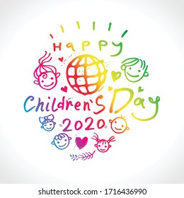 Happy children's day. Bright rainbow colors logo. Joyful smiling boys and girls template to the International Children's Day 2020. Vector inscription and globe and funny kids.
