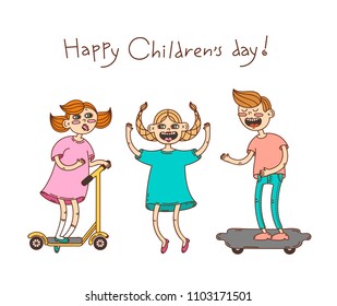 Happy Children's Day. Card with children in doodle style