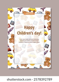 Happy Childrens day card design template. Set of colorful wooden kids toys, cars, trains, building blocks.