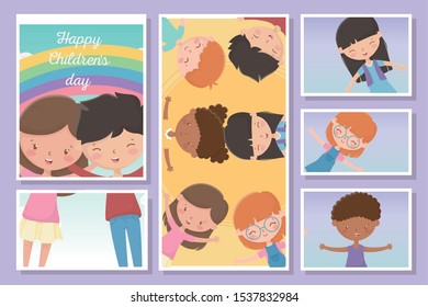 happy childrens day cards boy and girls celebration diversity group vector illustration