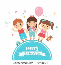 Happy children's day. Cartoon collection with sweet children on blue frame. Boys and girls character with toys. Teddy, balloon, candy, car. Perfect for invitations, banners and greeting cards.