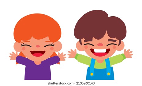 Happy Children's day. Cartoon cute and laughing children open arm poses. Vector character flat design