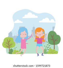 Happy Children's Day, celebrating little girls in the town park, vector illustration