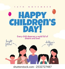 Happy Children's Day celebration banner, post, card. 14th November Children day banner with children of different age, genders. The day recalls the birthday of Jawaharlal Nehru as he love child.