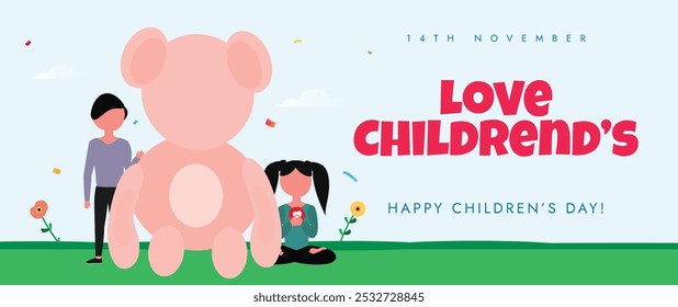 Happy Children's Day celebration cover banner. 14th November Children day celebration cover banner with a girl child and a boy child, big teddy bear. The day recalls the birthday of Jawaharlal Nehru.