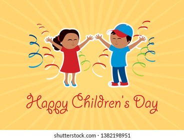 Happy Children's Day with a cheerful boy and girl dark skin vector. Dark skin children vector. Girl and boy cartoon character. Happy children with confetti. Children's day vector. Important day