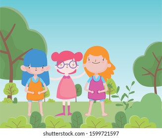 Happy Children's day cheerful group of little girls in natural at the park ,vector illustration