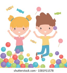 happy childrens day, cheerful little boy and girl candies and colorful balls vector illustration