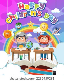 Happy children's day with children in astronomy classroom illustration