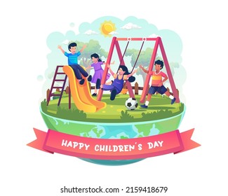 Happy Children's day with Children is having fun in the playground. kids are playing on slides and swings. Flat style vector illustration