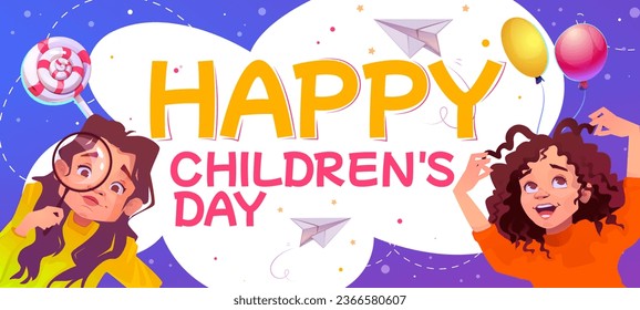 Happy Childrens Day. Colorful banner with smiling preschool girls, balloons, lollipops and inscription. Design element for greeting card or cover for kids holiday. Cartoon flat vector illustration