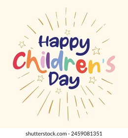 Tarjeta de felicitación colorida de la tipografía del día de los niños feliz. Logotipo del día de los niños, etiqueta engomada, cartel, Anuncio, diseño de la Plantilla. Lindos niños escribiendo Ilustración vectorial. Signo y símbolo de las estrellas de Elementos infantiles.