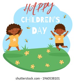 Happy children's day concept. Cartoon illustration with jumping happy smiling boy and girl.