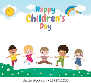 Happy Children's Day Concept, es wird jährlich gefeiert, Wallpaper Hintergrund Poster mit glücklichen Kindern Vektorgrafik