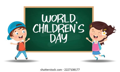 Happy Children's Day concept with chalkboard and kids cartoon. It is celebrated every year in honor of children, whose celebration date varies from country to country.