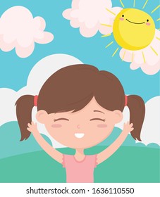 Happy Children's Day concept. cute little girl cartoon celebrating outdoors vector illustration
