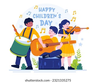 Ejemplo del concepto del Día del Niño Feliz. Los niños están tocando instrumentos musicales juntos. los chicos lindos tocan guitarra y tambores, y una linda chica toca el violín