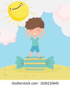 Happy Children's Day concept. little boy in sweet candy cartoon outdoors, vector illustration