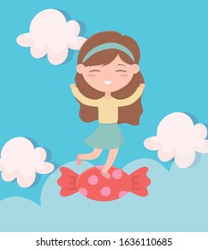 Happy Children's Day concept..= Little girl on candy celebration sky clouds cartoon vector illustration