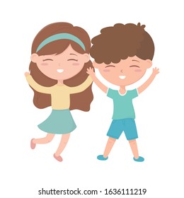 Happy Children's Day concept. Little boy and girl celebration excited cartoon vector illustration