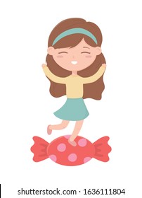 Happy Children's Day concept. Little girl on candy celebration cartoon vector illustration