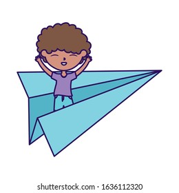 Happy Children's Day concept. Little boy playing on paper plane cartoon vector illustration