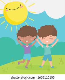 happy children's day concept.  Smiling little boys celebrating outdoors. cartoon vector illustration