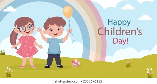 Happy children's day concept. Vector postcard or banner. Vector illustration of happy children in nature.