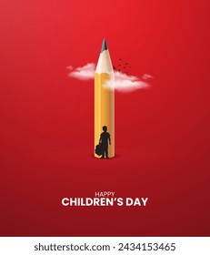 Happy Children's day, childrens day creative, pencil with children, Flying bird, 3d illustration