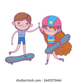 happy childrens day, cute boy and girl with skateboard in the grass vector illustration