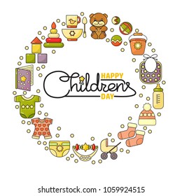 Happy Children's Day. Cute cartoon toys, clothes, kids accessories in circle shape and handwritten lettering isolated on white. Holiday poster or Greeting card. Vector illustration.