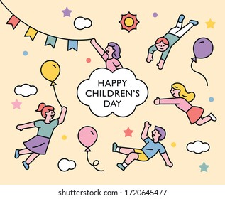 Happy Children's Day. Cute Children Are Floating In The Air. Flat Design Style Minimal Vector Illustration.