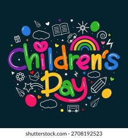 Happy Children's Day Cute Doodle Art Colorful Typography Illustration Background Design
