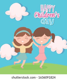 happy childrens day, cute girl hands up celebrating outdoors vector illustration